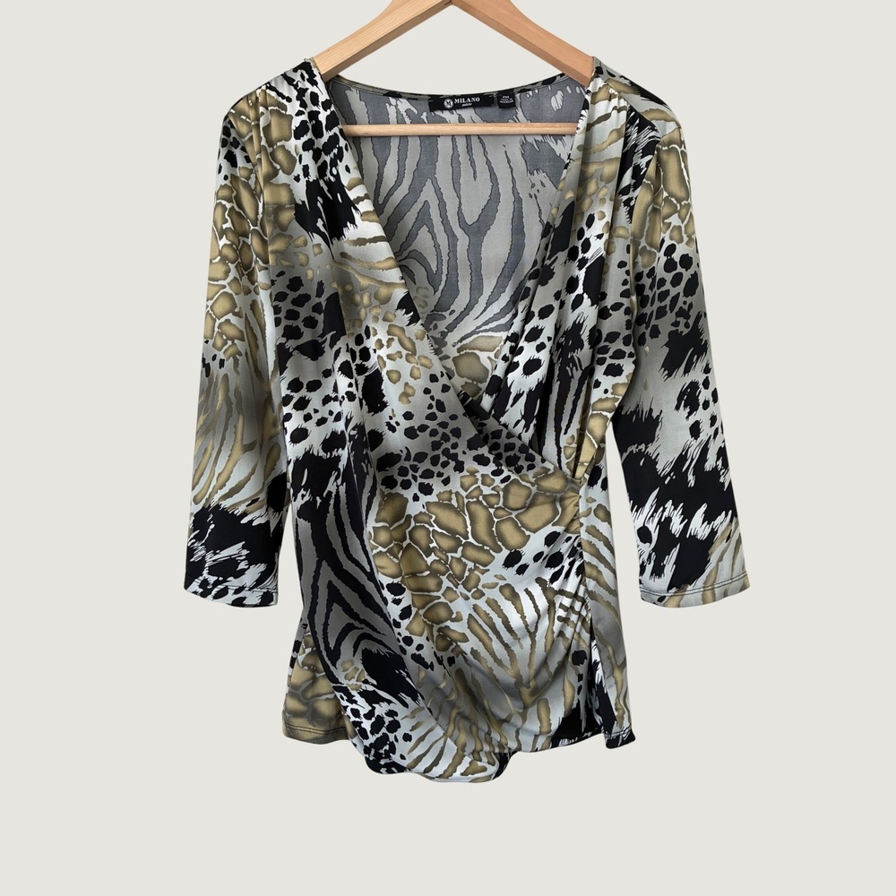 Milano Petite Animal Print Wrap Top Zebra Cheetah Y2K 3/4‎ Sleeve PM